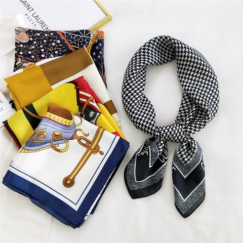 Women Square Satin Like Scarf Polyester Neck Kerchief Fashion Geometric Houndstooth Print Headscarf For Hair Bag Handle
