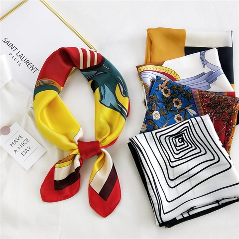 Women Square Satin Like Scarf Polyester Neck Kerchief Fashion Geometric Houndstooth Print Headscarf For Hair Bag Handle