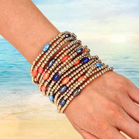 Pulseras De Cuentas Apilables Multicapa Estilo Bohemio Playa Color Oro CCB Y Resina Cuentas Ovaladas De Colores Joyería Mujeres