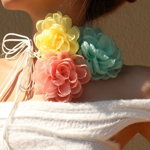 3D Mesh Flower Choker Necklace Handmade Fabric Camellia Tie Up Long Rope Colorful Vacation Accessory For Women