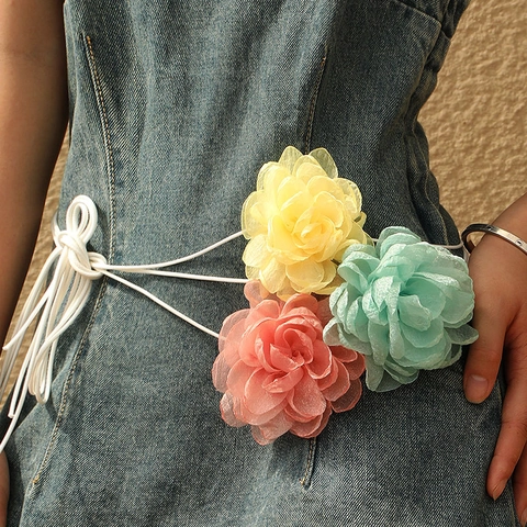 3D Mesh Flower Choker Necklace Handmade Fabric Camellia Tie Up Long Rope Colorful Vacation Accessory For Women