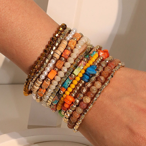 Pulseras Bohemias Multicapa Piedra Natural Cuentas CCB Perla Artificial De Imitación Cordón Elástico Colorido Apilable Estilo Étnico