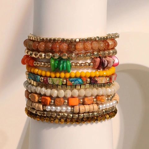 Pulseras Bohemias Multicapa Piedra Natural Cuentas CCB Perla Artificial De Imitación Cordón Elástico Colorido Apilable Estilo Étnico