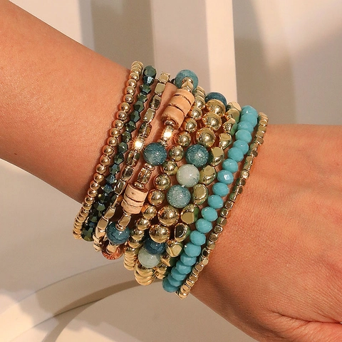 Bracciali Di Perline Multistrato Bohemian Stile Etnico Perline Metalliche Resina Legno Cristallo Artificiale Per Donne