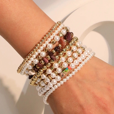 Pulseras De Cuentas Multicapa Para Mujer Estilo Bohemio Perlas Artificiales De Imitación Piedra Natural Chips Irregulares Cuentas Doradas Amuleto Corazón Elásticas