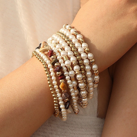 Pulseras De Cuentas Multicapa Para Mujer Estilo Bohemio Perlas Artificiales De Imitación Piedra Natural Chips Irregulares Cuentas Doradas Amuleto Corazón Elásticas