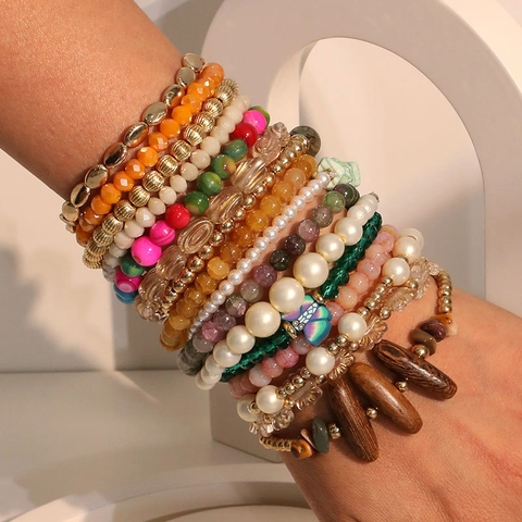 Pulsera De Cuentas Apilable Bohemia Para Mujer Resina Perla Artificial De Imitación Madera Piedra Natural Multicapa Joyería Elástica