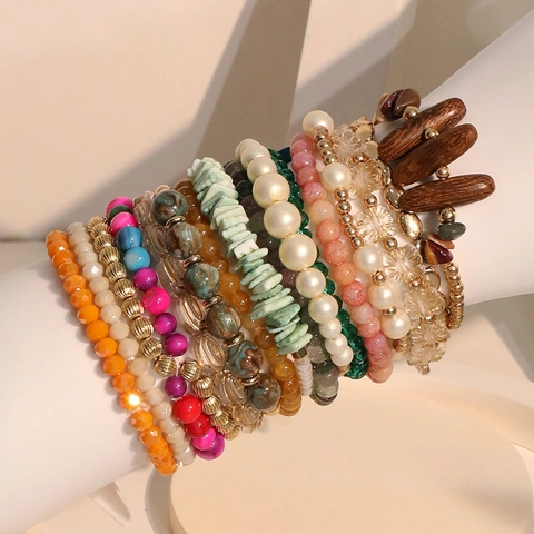Pulsera De Cuentas Apilable Bohemia Para Mujer Resina Perla Artificial De Imitación Madera Piedra Natural Multicapa Joyería Elástica