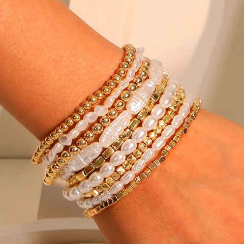 Bohemian Stackable Beaded Bracelets For Women With Imitation Artificial Pearls And Gold CCB Beads Minimalist Multi Layer Fashion Jewelry