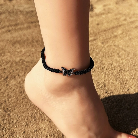 Cavigliera Con Ciondolo A Farfalla Corda Di Cera Intrecciata A Mano Lega Strass Regolabile Gioielli Da Spiaggia Estivi Boho Per Donne