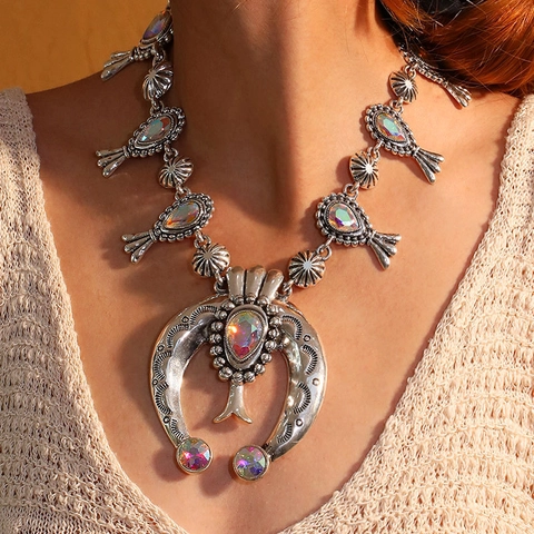 Vintage Legierung Bohème Naja Halskette Mit AB Kristall Anhänger Ethnischer Statement Schmuck Für Damen Party Geschenk