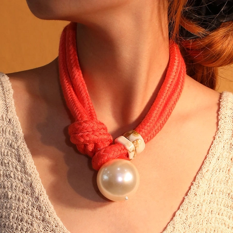 Statement Pendant Necklace With Large ABS Imitation Artificial Pearl And Polyester Knot Rope Bohemian Style For Women