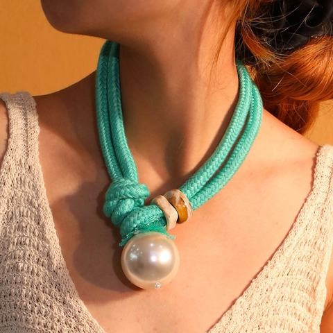 Statement Pendant Necklace With Large ABS Imitation Artificial Pearl And Polyester Knot Rope Bohemian Style For Women
