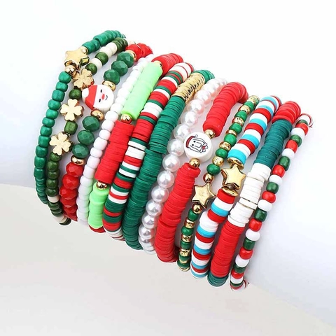 Pulseras De Cuentas Multicapa De Navidad Cuentas Heishi De Arcilla Polimérica Imitación De Perla Artificial Colgante Joyería Para Mujeres