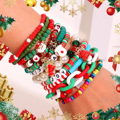 Christmas Beaded Bracelet Polymer Clay Imitation Artificial Pearl Alloy Charm Santa Reindeer Bell Star Holiday Jewelry Accessory