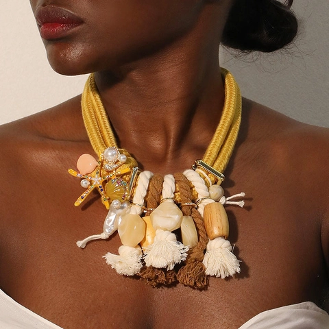 Bohemian Ethnic Statement Necklace Alloy Pendants Multi Layer Imitation Artificial Pearls Chunky Beads Retro Jewelry Women Accessory