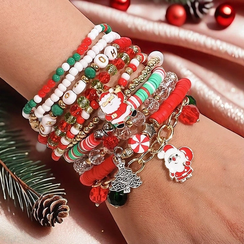 Christmas Beaded Bracelet Polymer Clay Glass Beads Faux Artificial Pearl Alloy Santa Tree Charms Festive Jewelry Multi-Layer