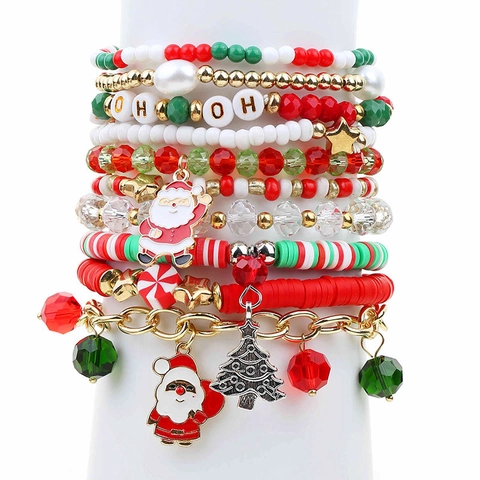 Christmas Beaded Bracelet Polymer Clay Glass Beads Faux Artificial Pearl Alloy Santa Tree Charms Festive Jewelry Multi-Layer