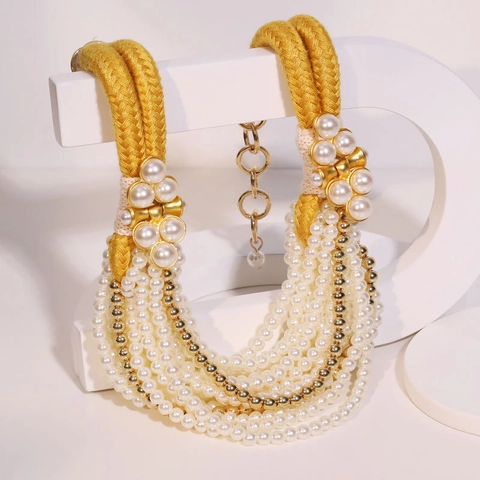 Collana Multistrato Di Imitazione Künstliche Perle Con Corda Intrecciata Gialla E Künstliche Perle In Lega Dorata Gioielli Etnici Fatti A Mano