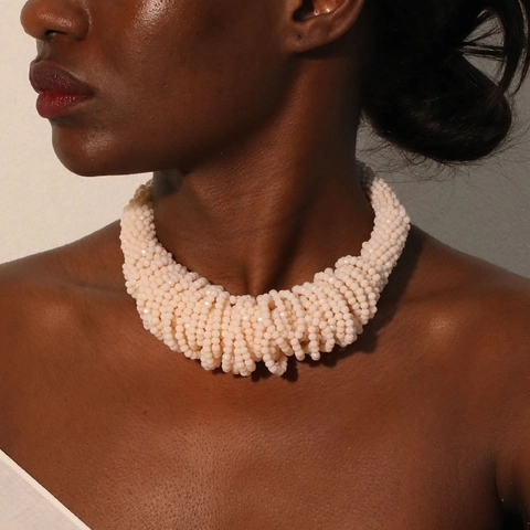 Handmade Artificial Crystal Multi Layer Beaded Choker Necklace For Women Chunky Twisted Aluminum Chain Statement Jewelry