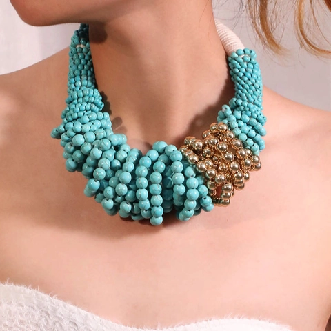 Collana Boema Perline Turchesi Multistrato Gioiello Statement Accenti Metallo Dorato Stile Etnico Choker Da Donna