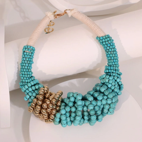 Collana Boema Perline Turchesi Multistrato Gioiello Statement Accenti Metallo Dorato Stile Etnico Choker Da Donna