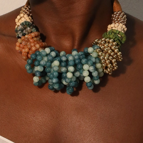 Boheemse Chunky Beaded Statement Ketting Handgemaakte Natuursteen Glas Hout Aluminium Etnische Kraag Sieraden Vrouwen