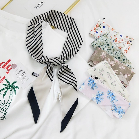 Sciarpa Sottile Lunga da Donna a Fiori a Righe Nastro di Raso Cerchietto Elastico per Capelli Foulard per Borse Accessorio Decorativo di Moda