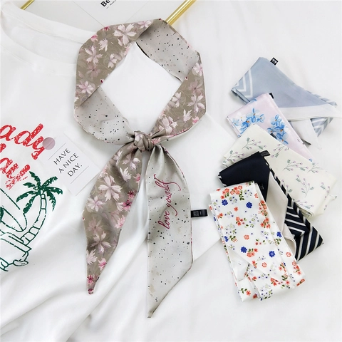 Sciarpa Sottile Lunga da Donna a Fiori a Righe Nastro di Raso Cerchietto Elastico per Capelli Foulard per Borse Accessorio Decorativo di Moda
