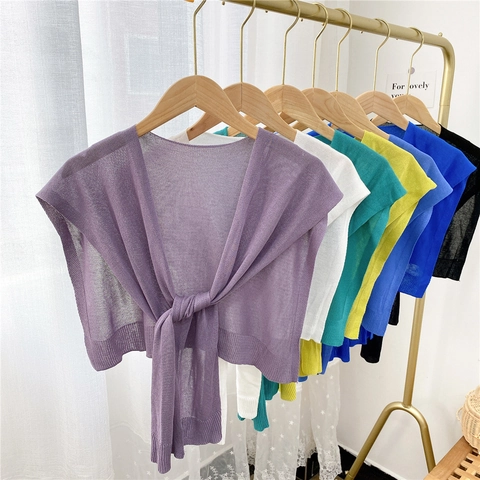 Women Knitted Small Shawl Thin Breathable Mesh Shoulder Wrap Tie Front Solid Color Summer Office Outerwear Fashionable