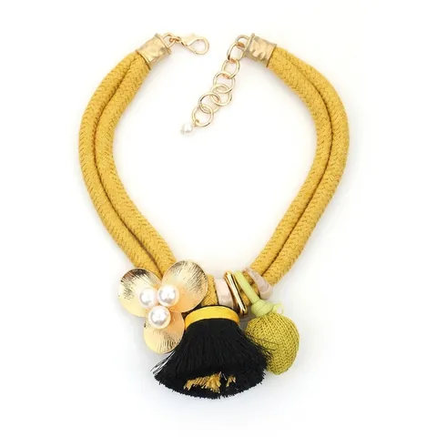 Collana Statement Boemia Corda Intrecciata Gialla Nappa Finta Perla Artificial Fiore Dorato Gioielli Esagerati Da Donna