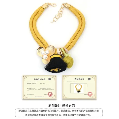 Collar De Declaración Bohemio Cuerda Trenzada Amarilla Borla Perla Artificial De Imitación Flor Dorada Joyería Exagerada Mujer