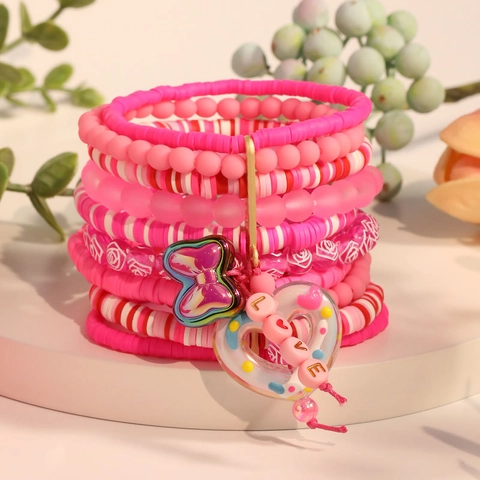 Rosa Mehrlagige Perlenarmbänder Polymer-Ton Heishi-Perlen Glas Harz Herz Schmetterling Charme LOVE Buchstabe Elastischer Schmuck