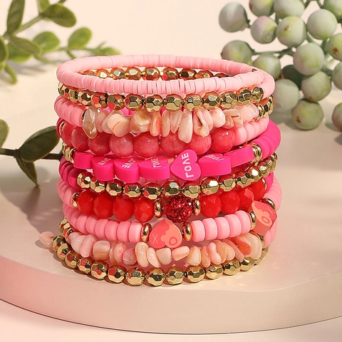 Multi Layer Polymer Clay Beaded Bracelets Natural Stone Glass Heart LOVE Charm Pink Gold Bohemian Jewelry For Women Girls