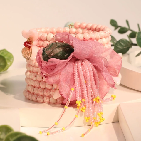 Damen Boho Mehrreihiges Perlenarmband Glasperlen Rosa Netzblume Legierung Schmetterling Quaste Strand Schmuck