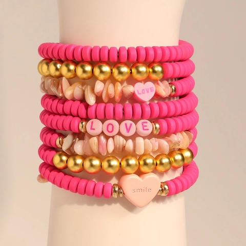 Bohemian Multi-layer Beaded Bracelet Set Polymer Clay Heishi Beads Natural Stone Heart Charm Love Smile Letter Women