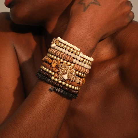 Bohemian Beaded Bracelets Wood Natural Stone Glass Multi Layer Stackable Ethnic Western Jewelry Accessory
