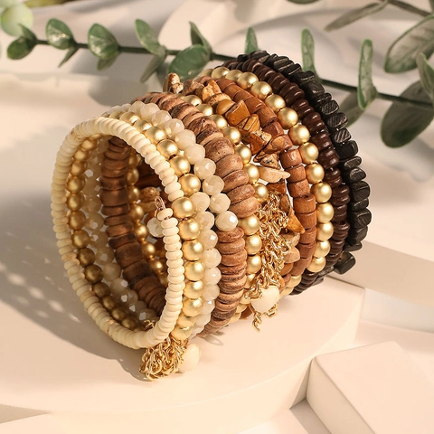 Bohemian Beaded Bracelets Wood Natural Stone Glass Multi Layer Stackable Ethnic Western Jewelry Accessory
