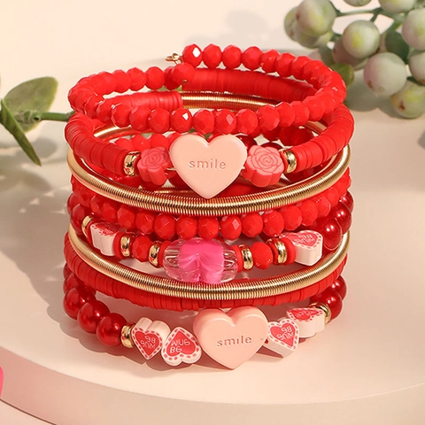 Böhmisches Mehrlagiges Perlenarmband Herzanhänger Fimo Glas Harz CCB Valentinstag Schmuck Für Damen