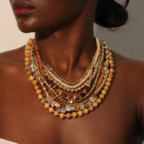 Bohemian Multi Layer Necklace With Wood Beads Natural Stone Shell Aluminum Chain Ethnic Geometric Jewelry For Women