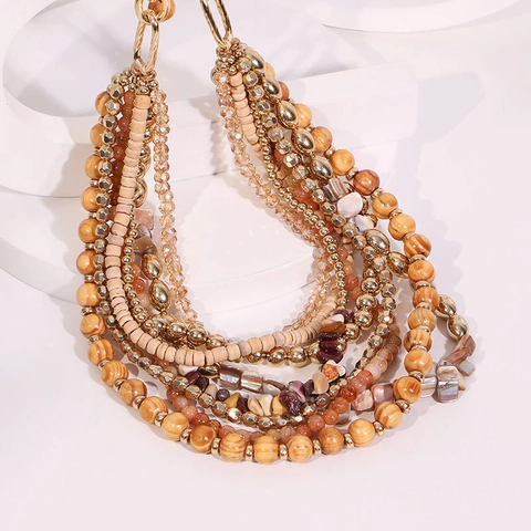 Bohemian Multi Layer Necklace With Wood Beads Natural Stone Shell Aluminum Chain Ethnic Geometric Jewelry For Women