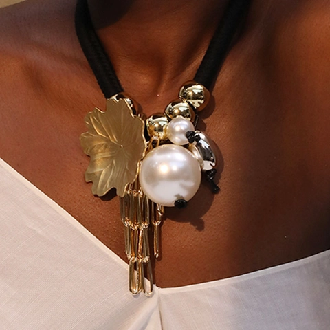 Collana Statement Bohemienne Con Ciondolo Foglia Oro Grande Perla Artificial Sintetica Catena Con Nappa Corda Intrecciata Spessa Donna