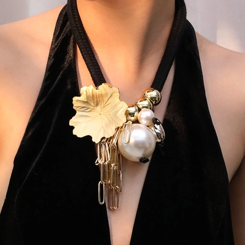 Collana Statement Bohemienne Con Ciondolo Foglia Oro Grande Perla Artificial Sintetica Catena Con Nappa Corda Intrecciata Spessa Donna