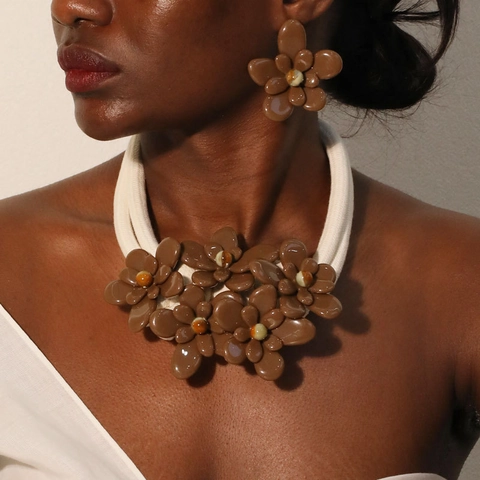 Acrylic Flower Statement Necklace And Earrings Jewelry Handmade Braided Polyester Rope Double Layer Fashion For Women