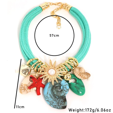 Collier Thème Océan en Corde Tressée Vert Menthe Bohémien Avec Pendentifs en Résine Étoile de Mer Conque Tournesol Fausse Perle Bijoux