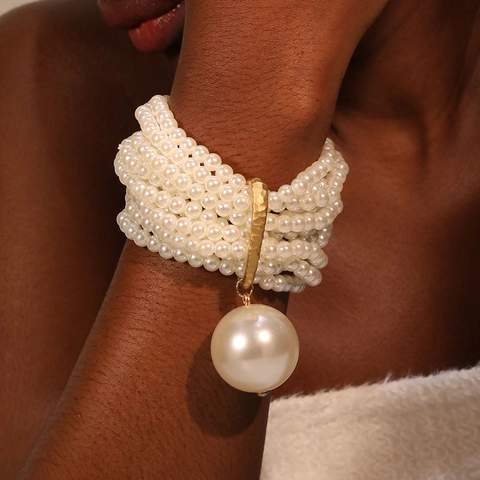 Pulsera De Cuentas Multicapa Perla Artificial Cristal Sintético Aleación Barra Martillada Dorada Gran Dije Perla Artificial Mujer