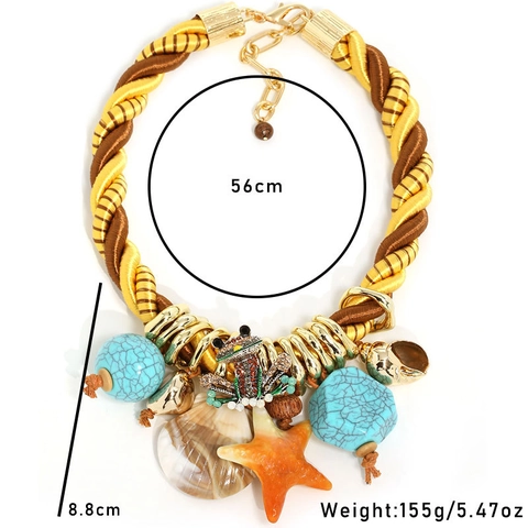 Boheemse Statement Ketting Met Polyester Touw Hars Zeester Schelp Strass Kikker Hanger Faux Turkoois Sieraden