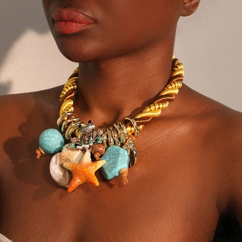 Boheemse Statement Ketting Met Polyester Touw Hars Zeester Schelp Strass Kikker Hanger Faux Turkoois Sieraden