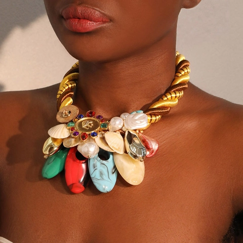 Collar De Declaración Bohemio Con Cordón De Poliéster Resina Concha Imitación Perla Artificial Aleación Joyería Tribal Para Mujeres
