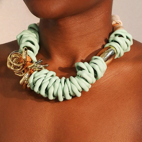 Boho Statement Grove Halsketting Tiffany Blauw Acryl CCB Goud Schakels Waskoord Spiraal Sleutelbeen Ketting Vrouwen Sieraden